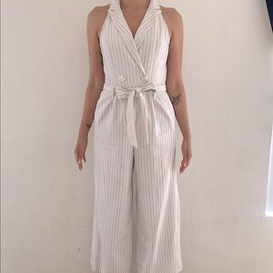 a new day - Women’s White Pinstriped Collard Jumpsuit, Size S